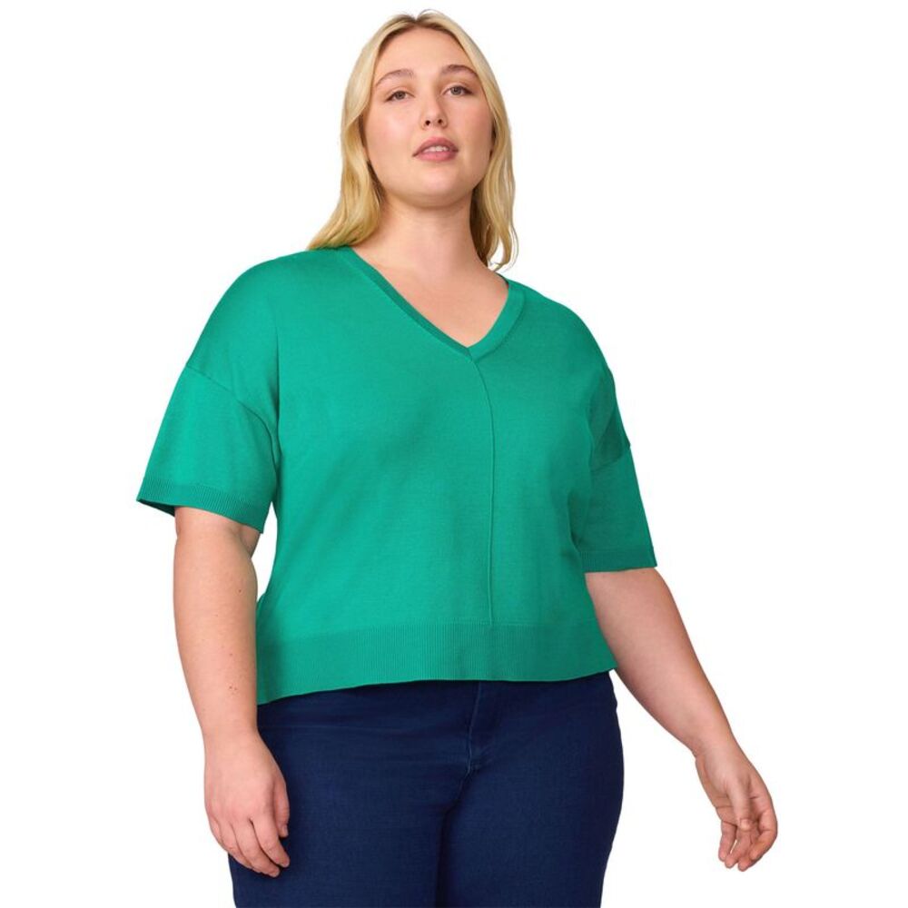 Melissa Paige Womens Plus Size Seamed V-Neck Sweater 1X Pepper Green - NWT